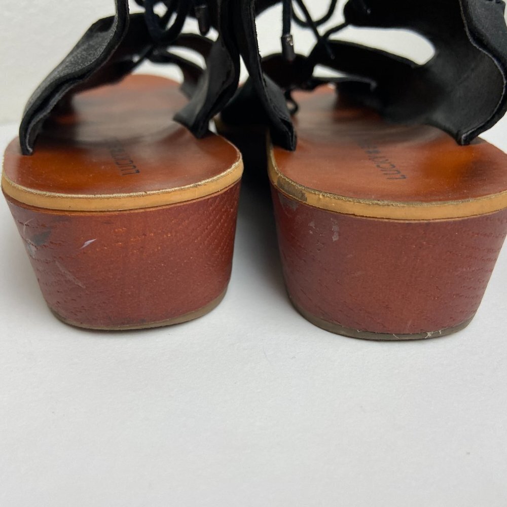 Lucky Brand  Black Leather Hipsta Gladiator Lace Up Wedge Sandals Size 10 - Picture 6 of 10